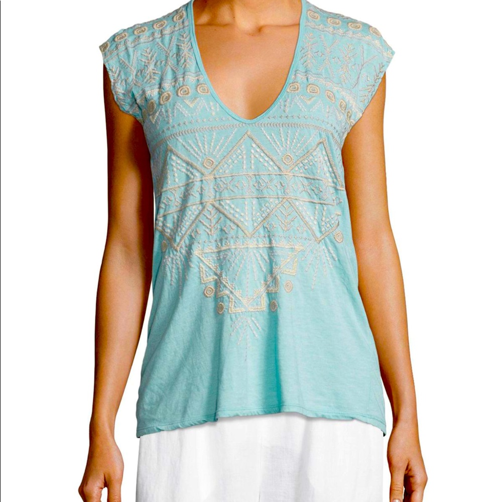 Johnny Was Colette embroidered blue v-neck tee